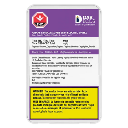 Dab Bods 4 g Grape Limeade Super Slim Electric Dartz PR 10 x 0.4 g Pre-Rolls