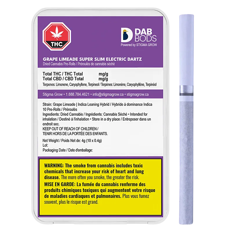 Dab Bods 4 g Grape Limeade Super Slim Electric Dartz PR 10 x 0.4 g Pre-Rolls