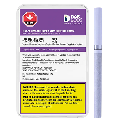 Dab Bods 4 g Grape Limeade Super Slim Electric Dartz PR 10 x 0.4 g Pre-Rolls