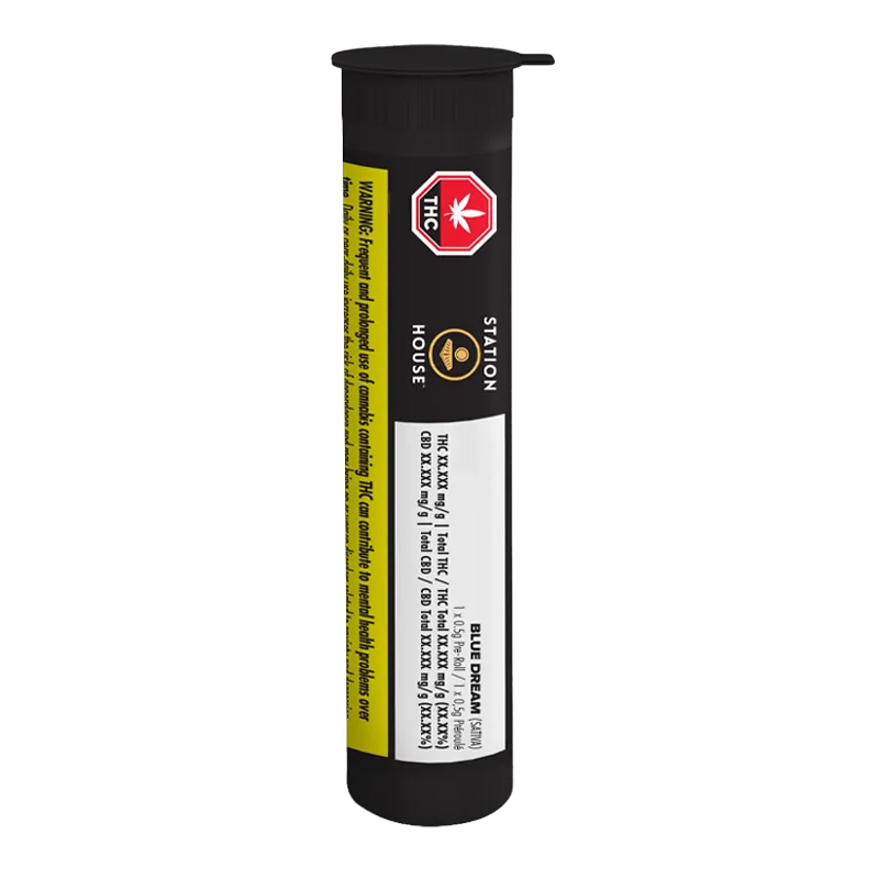 Tall studio-lit front view of the black tube packaging for Blue Dream PR 1 x 0.5 g, showing labels, THC symbol, and yellow warning strip.