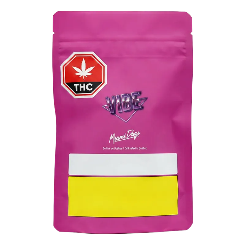 Front view of the vibrant pink Miami Daze PR 14 x 0.5 g pouch with VIBE logo, THC icon, and blank white and yellow label panels.