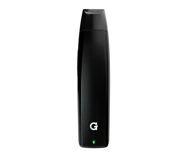 Front view of the G Pen Elite Dry Herb Vaporizer, a sleek, black handheld device with a minimalist design.