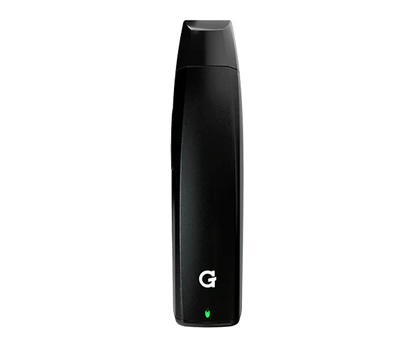 Front view of the G Pen Elite Dry Herb Vaporizer, a sleek, black handheld device with a minimalist design.