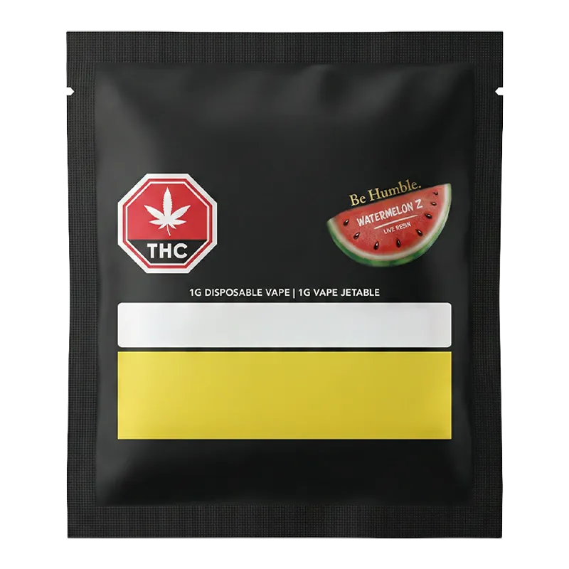 Straight-on view of the black pouch packaging for the Watermelon Z Live Resin Disposable Vape showing a red THC octagon and a watercolor watermelon slice logo.