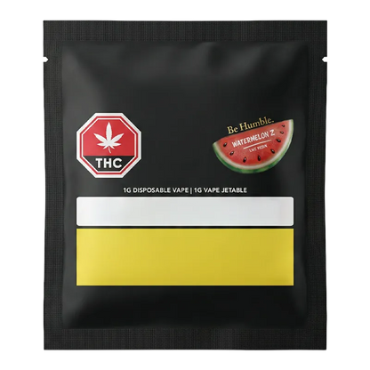 Straight-on view of the black pouch packaging for the Watermelon Z Live Resin Disposable Vape showing a red THC octagon and a watercolor watermelon slice logo.