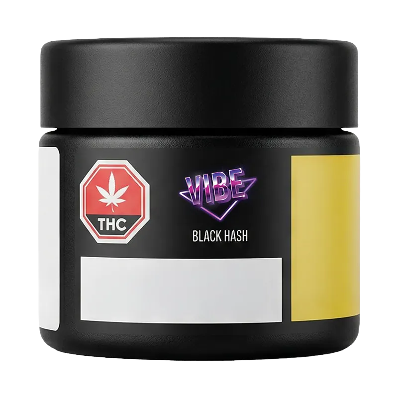Front view of the VIBE Black Hash black jar with a purple neon logo, THC octagon symbol, and yellow side panel.