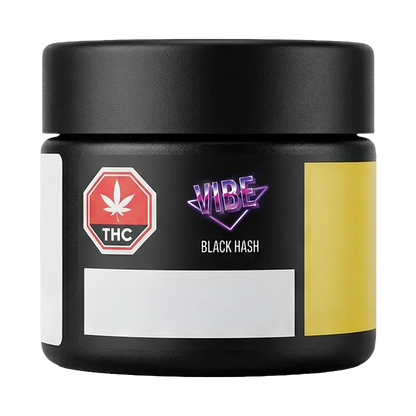 Front view of the VIBE Black Hash black jar with a purple neon logo, THC octagon symbol, and yellow side panel.