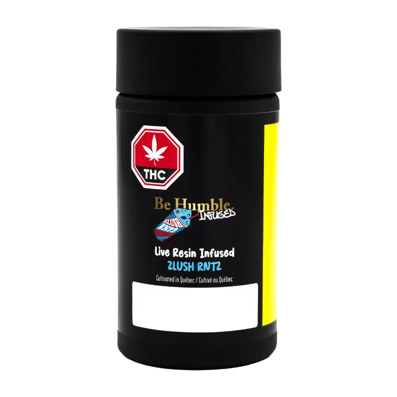 Front-facing photo of a black cylindrical jar labeled Live Resin Zlush Rntz Infused PR 3 x 0.6 g with a red THC octagon and yellow side stripe.