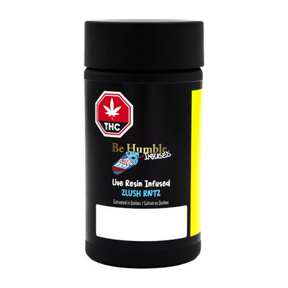 Front-facing photo of a black cylindrical jar labeled Live Resin Zlush Rntz Infused PR 3 x 0.6 g with a red THC octagon and yellow side stripe.