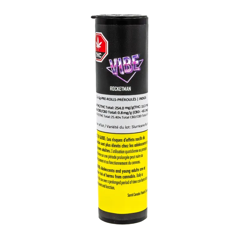 Vertical front view of the Rocketman PR 2 x 1 g black cylindrical tube with purple "VIBE" logo and yellow warning label.