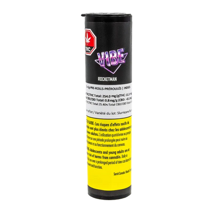 Vertical front view of the Rocketman PR 2 x 1 g black cylindrical tube with purple "VIBE" logo and yellow warning label.
