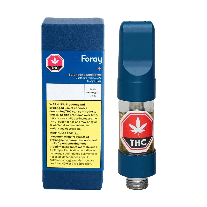 Front view of the Mango Haze Balanced Disposable Vape against a black background, displaying warning text and product details.