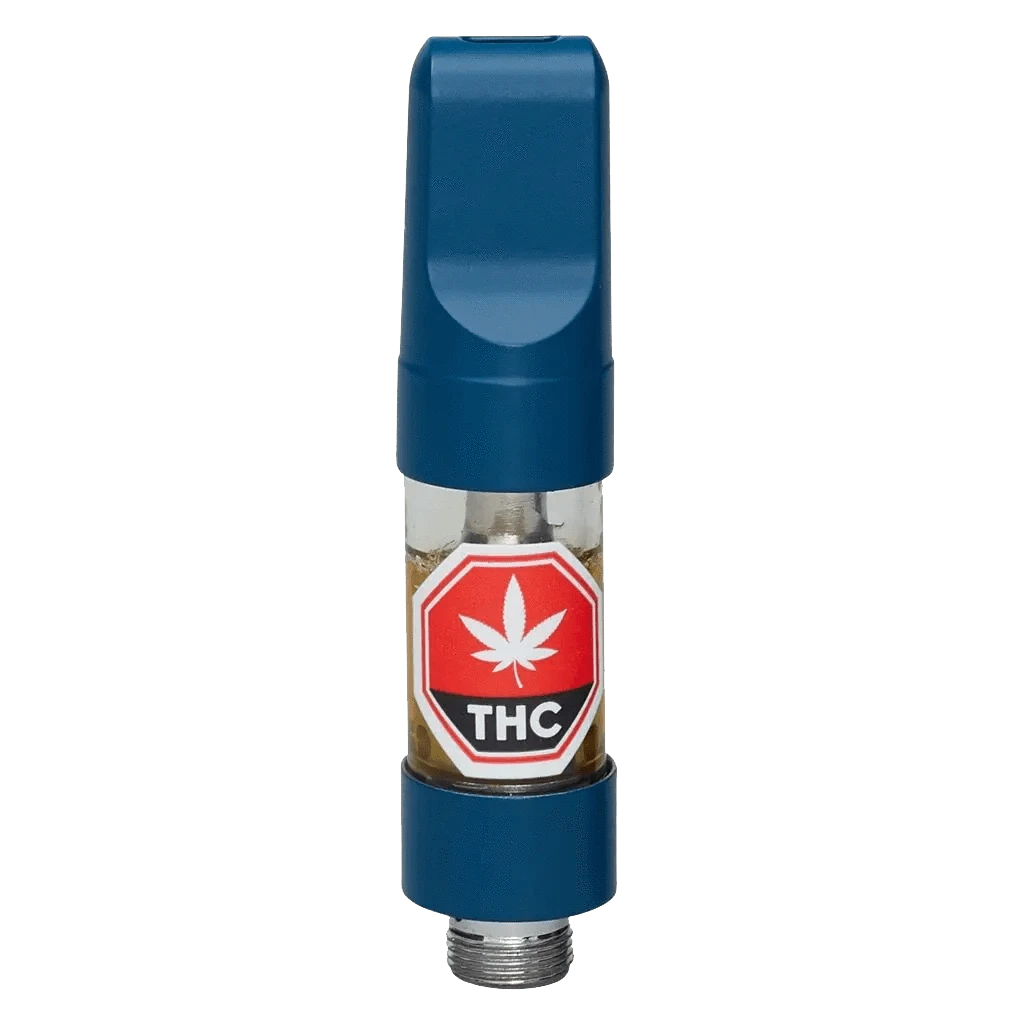 Close-up of the Mango Haze Balanced Disposable Vape, a sleek, blue device with a silver mouthpiece and visible liquid reservoir.
