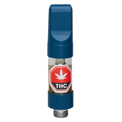 Close-up of the Mango Haze Balanced Disposable Vape, a sleek, blue device with a silver mouthpiece and visible liquid reservoir.