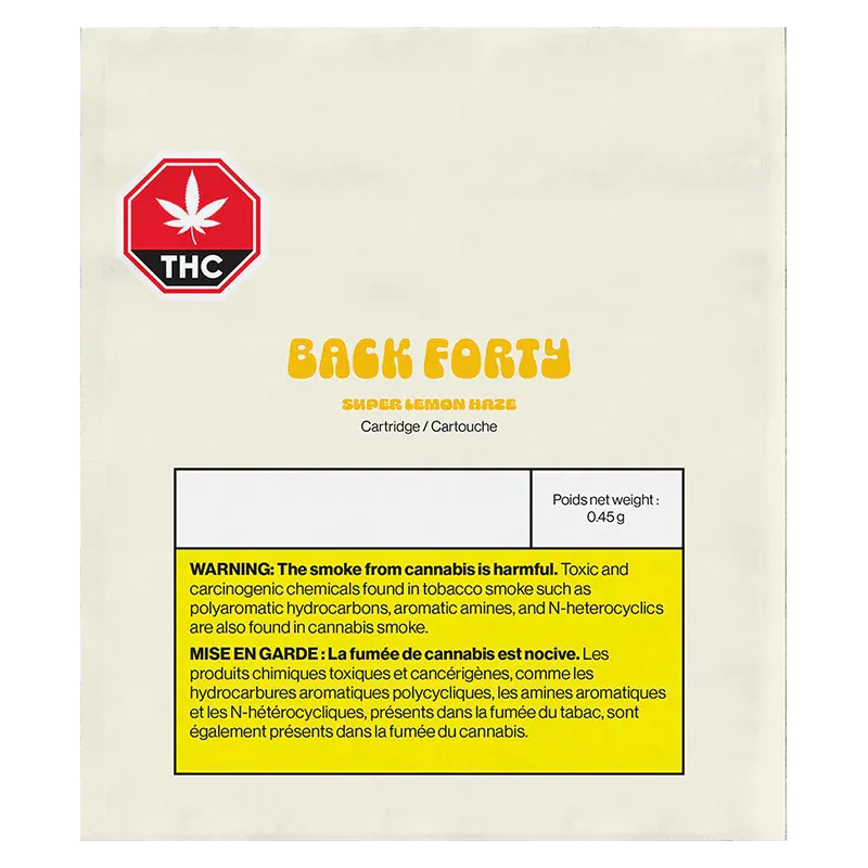 Square front-facing image of the Back Forty Super Lemon Haze Vape Cartridge retail box with yellow logo and a red THC stop sign on a white background