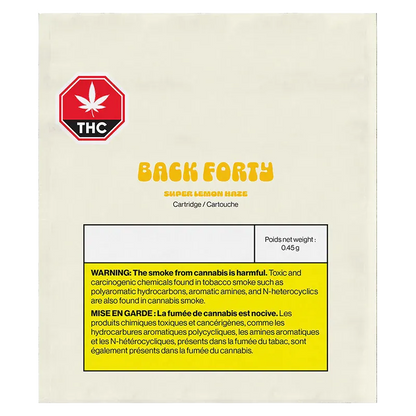 Square front-facing image of the Back Forty Super Lemon Haze Vape Cartridge retail box with yellow logo and a red THC stop sign on a white background