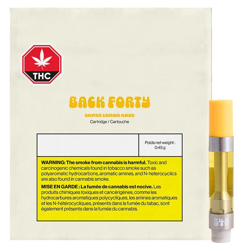 Front-on shot of the Back Forty Super Lemon Haze Vape Cartridge package with a 0.45g cartridge pictured standing to the right against a plain light background.