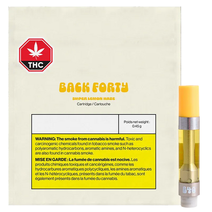 Front-on shot of the Back Forty Super Lemon Haze Vape Cartridge package with a 0.45g cartridge pictured standing to the right against a plain light background.