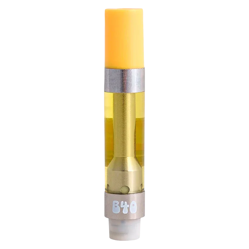 Straight-on close-up of a Super Lemon Haze Vape Cartridge standing upright with yellow mouthpiece and clear golden oil visible in the tank.