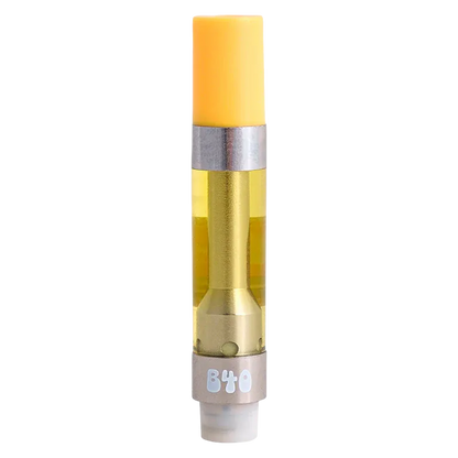 Straight-on close-up of a Super Lemon Haze Vape Cartridge standing upright with yellow mouthpiece and clear golden oil visible in the tank.