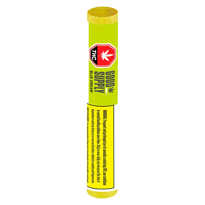 Vertical studio shot of the Blue Dream Vape Cartridge in bright lime packaging labeled Good Supply Blue Dream with a red THC stop sign emblem.