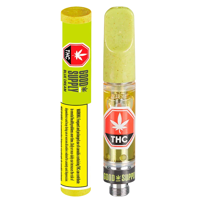 Straight-on product shot of a Good Supply Blue Dream Vape Cartridge showing the clear cartridge with gold oil and a green speckled mouthpiece beside its bright yellow-green tube.