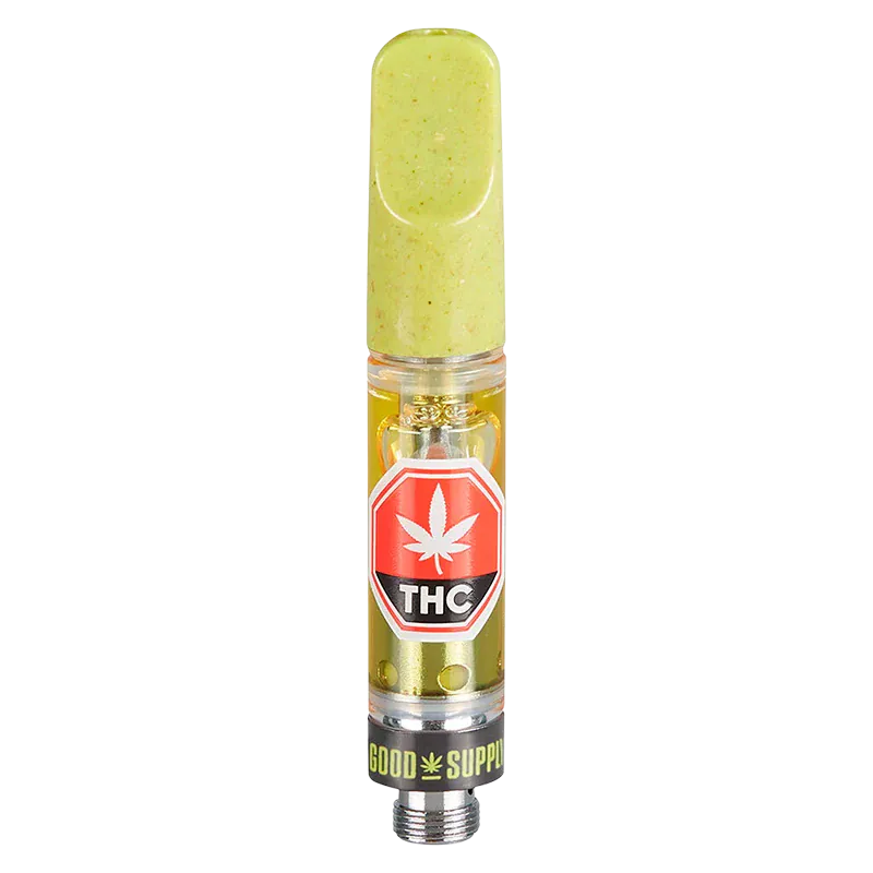 Centered vertical studio shot of a Blue Dream Vape Cartridge with a pale green mouthpiece, visible oil reservoir, and red THC label.