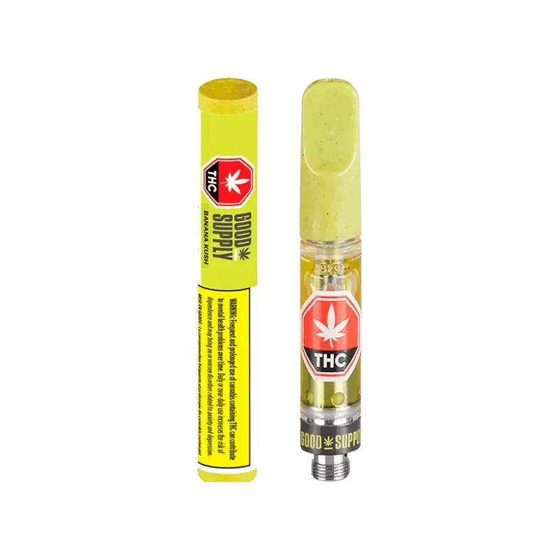 Close-up of the Banana Kush Vape Cartridge, showing its metallic and clear construction angled against a dark backdrop.