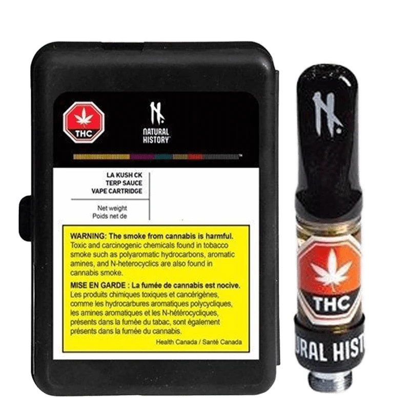 Front view of the LA Kush CK Terp Sauce Vape Cartridge with a black label and silver text, positioned on a dark background.