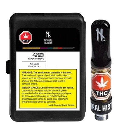 Front view of the LA Kush CK Terp Sauce Vape Cartridge with a black label and silver text, positioned on a dark background.