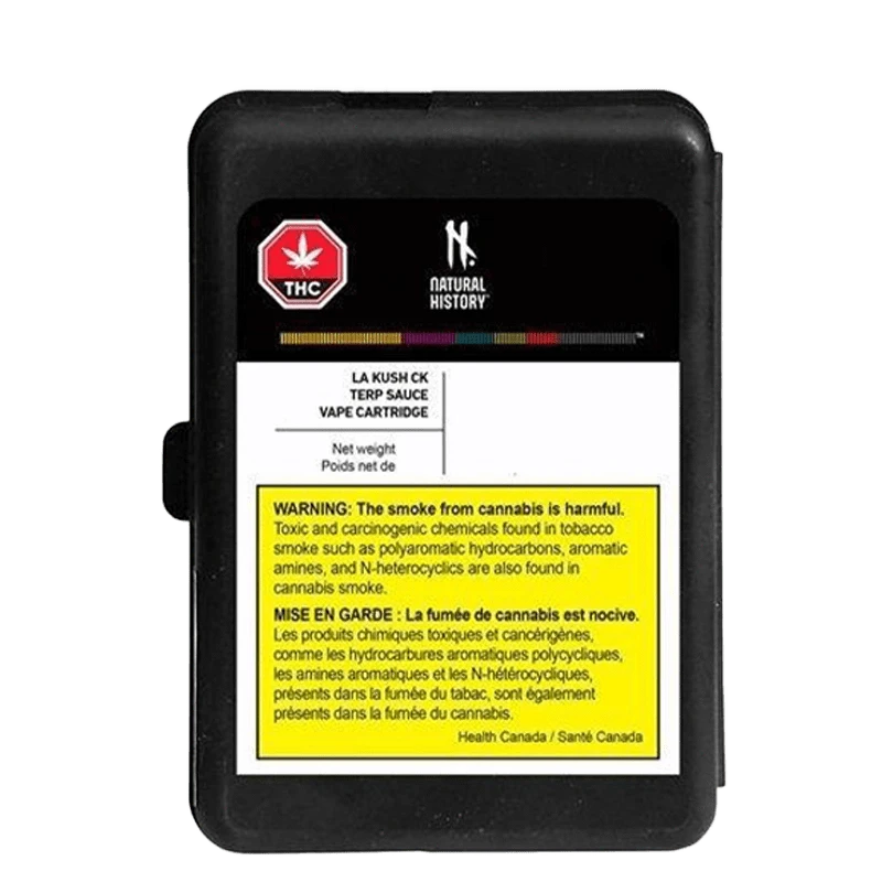 Front view of the LA Kush CK Terp Sauce Vape Cartridge with a dark label and white text, against a solid black background.