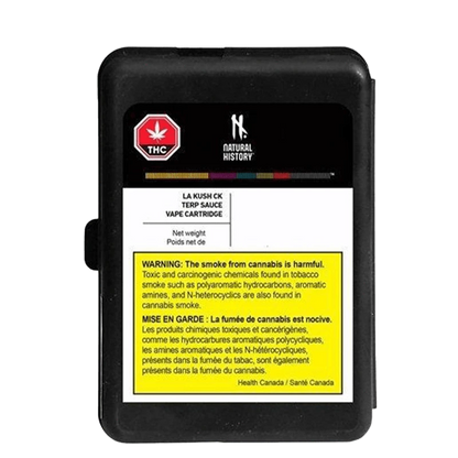 Front view of the LA Kush CK Terp Sauce Vape Cartridge with a dark label and white text, against a solid black background.