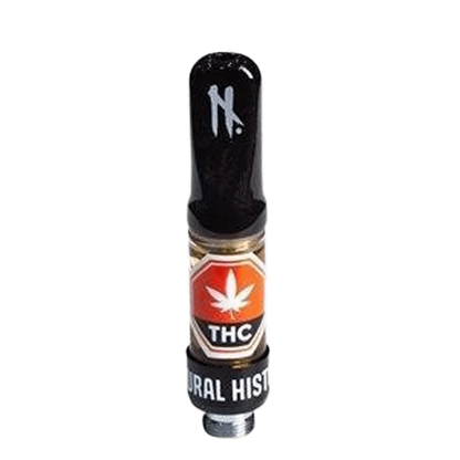 Close-up of the LA Kush CK Terp Sauce Vape Cartridge with a silver tip, angled against a dark background.