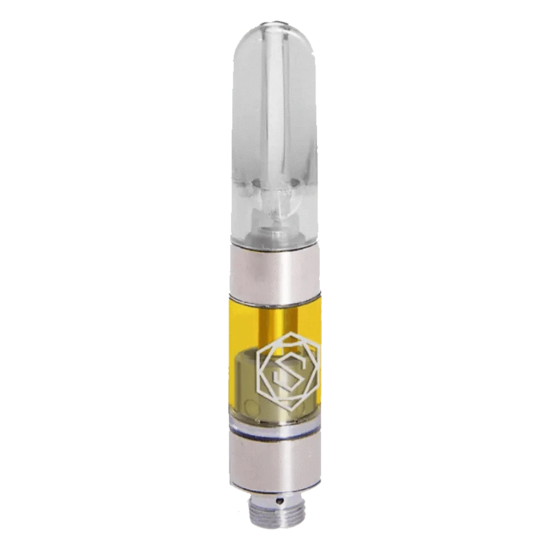 Close-up of the Lemon Haze Pax Pod, a silver pod with a clear plastic chamber, angled against a plain white background.