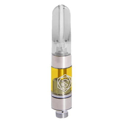 Close-up of the Lemon Haze Pax Pod, a silver pod with a clear plastic chamber, angled against a plain white background.