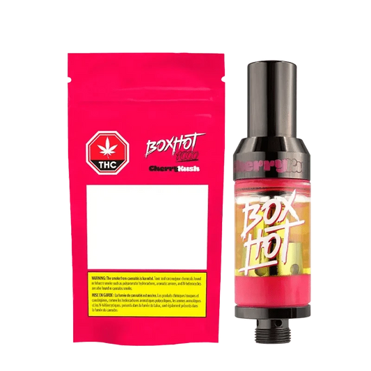 Front view of the Cherry Kush Vape Cartridge with a white label and gold branding against a dark background.
