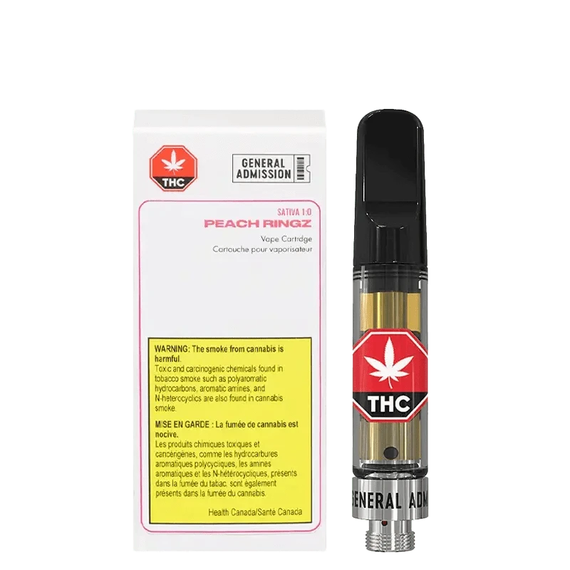 Front view of the Peach Ringz Vape Cartridge against a black background, displaying branding and warning labels.