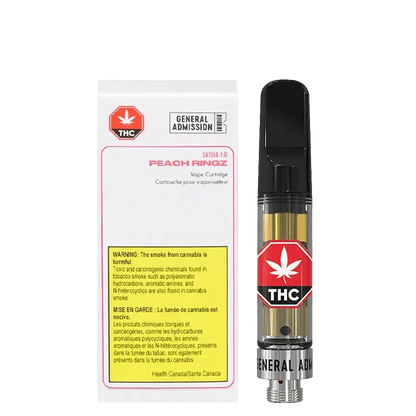 Front view of the Peach Ringz Vape Cartridge against a black background, displaying branding and warning labels.
