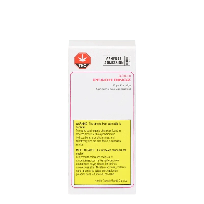 Close-up of the Peach Ringz Vape Cartridge against a white background with warning labels and a cannabis leaf icon.
