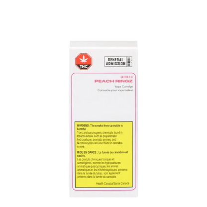 Close-up of the Peach Ringz Vape Cartridge against a white background with warning labels and a cannabis leaf icon.