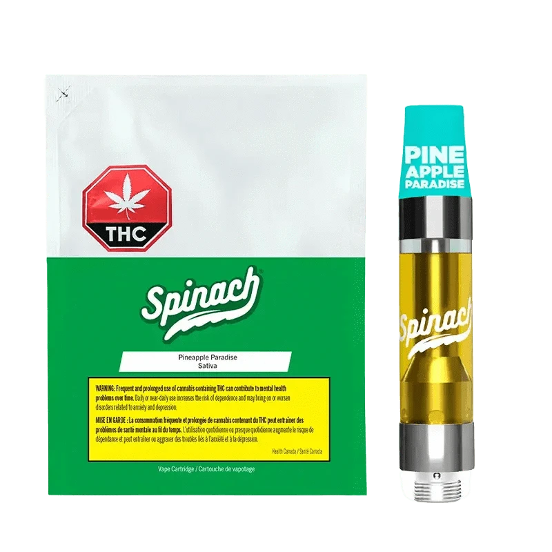 Front view of the Spinach Pineapple Paradise Vape Cartridge, showcasing its branding against a simple, light background.