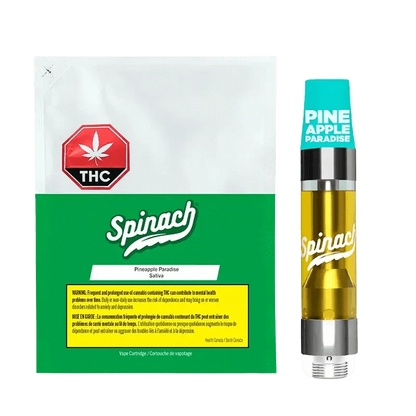 Front view of the Spinach Pineapple Paradise Vape Cartridge, showcasing its branding against a simple, light background.
