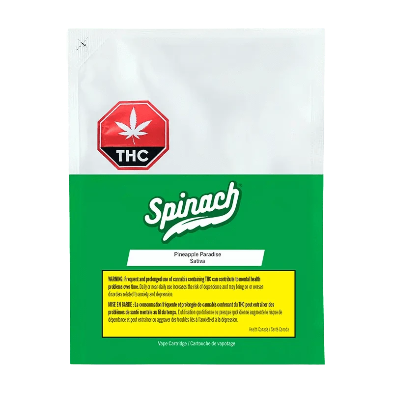 A close-up of the Spinach Pineapple Paradise Vape Cartridge featuring bold branding and a green cannabis leaf symbol against a white background.