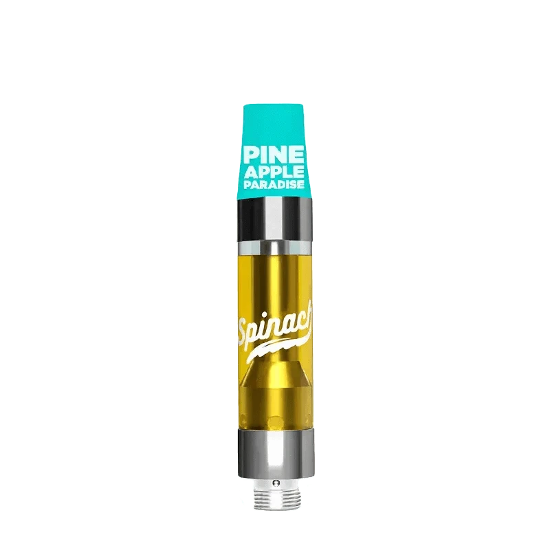 Front view of the Spinach Pineapple Paradise Vape Cartridge, showcasing its metallic finish and clear glass chamber.
