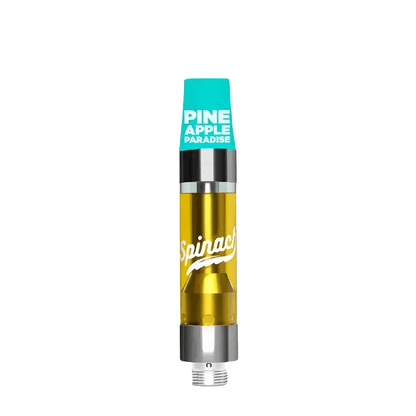Front view of the Spinach Pineapple Paradise Vape Cartridge, showcasing its metallic finish and clear glass chamber.