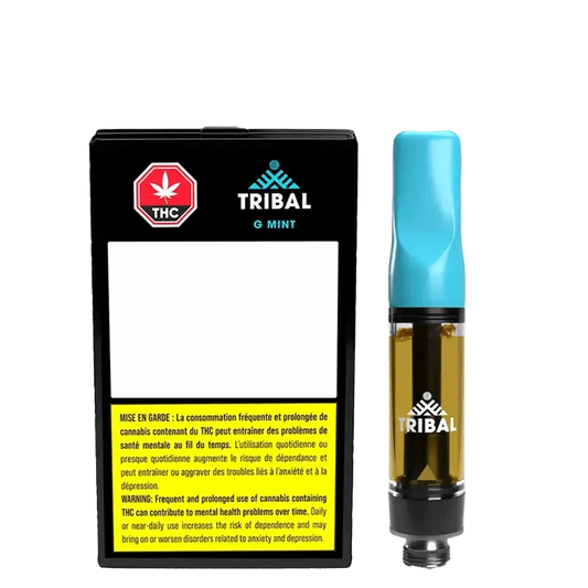 Front view of the G Mint Live Resin Vape Cartridge against a dark background, showing its label and metallic finish.