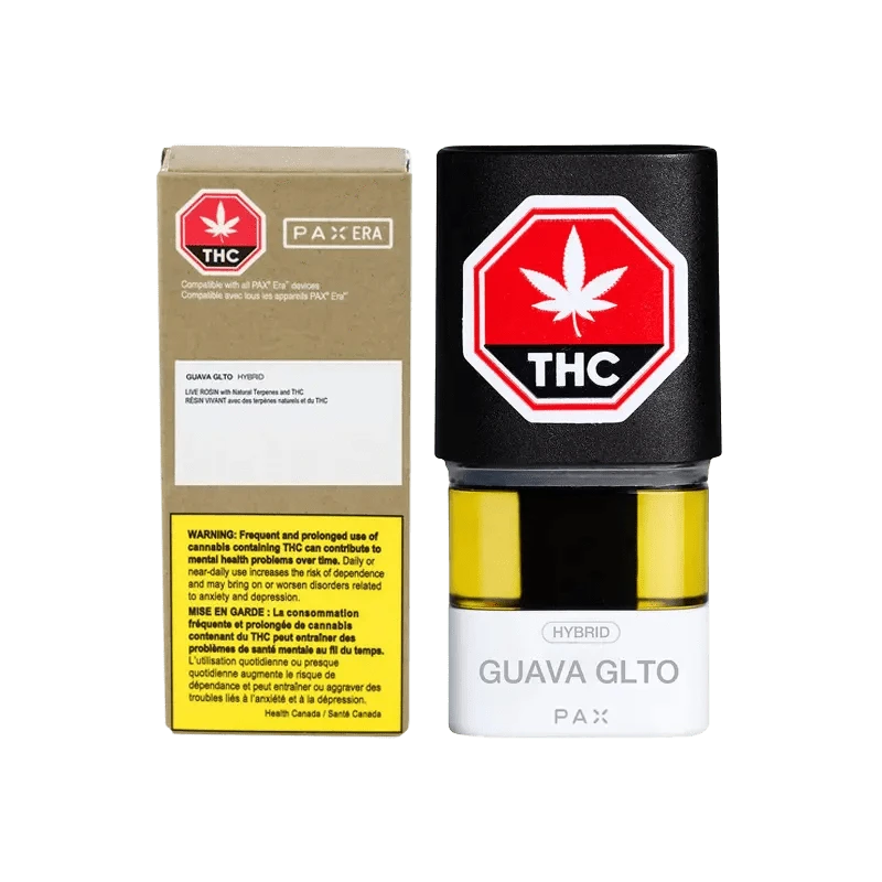 Close-up of the Guava Gelato Pax Pod packaging with a warning label and the Pax logo against a white background.
