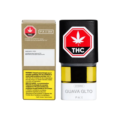 Close-up of the Guava Gelato Pax Pod packaging with a warning label and the Pax logo against a white background.