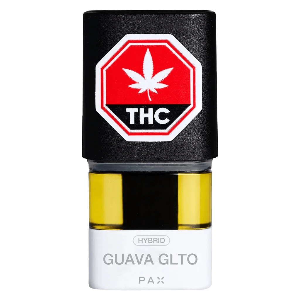 Front view of the Guava Gelato Pax Pod, a small, sleek pod with a dark exterior and a visible internal substance.