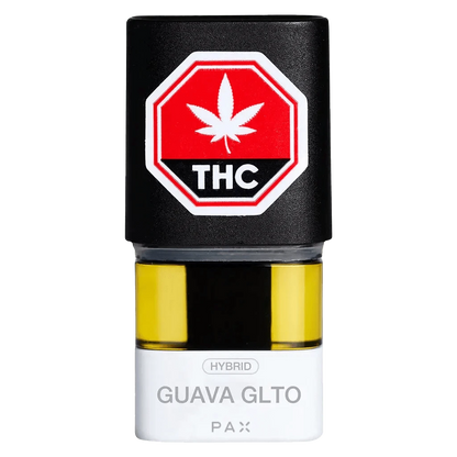 Front view of the Guava Gelato Pax Pod, a small, sleek pod with a dark exterior and a visible internal substance.